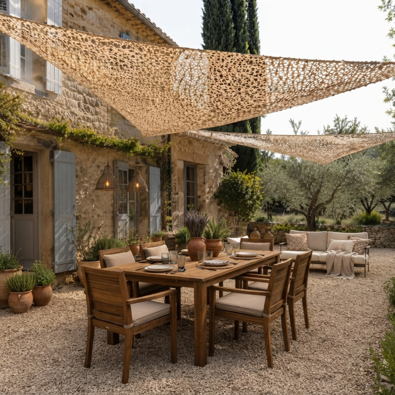 Filet de camouflage triangulaire sable renforcé – 5 dimensions